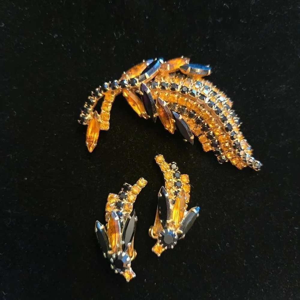 Vintage Rhinestone Brooch Pin & Earrings Set Black and Orange